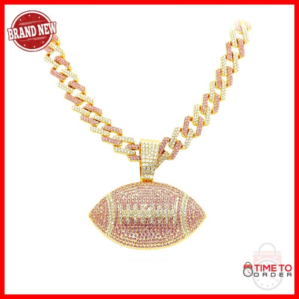 Chunky Cuban Link Chain Football Pendant Necklace Stainless Steel